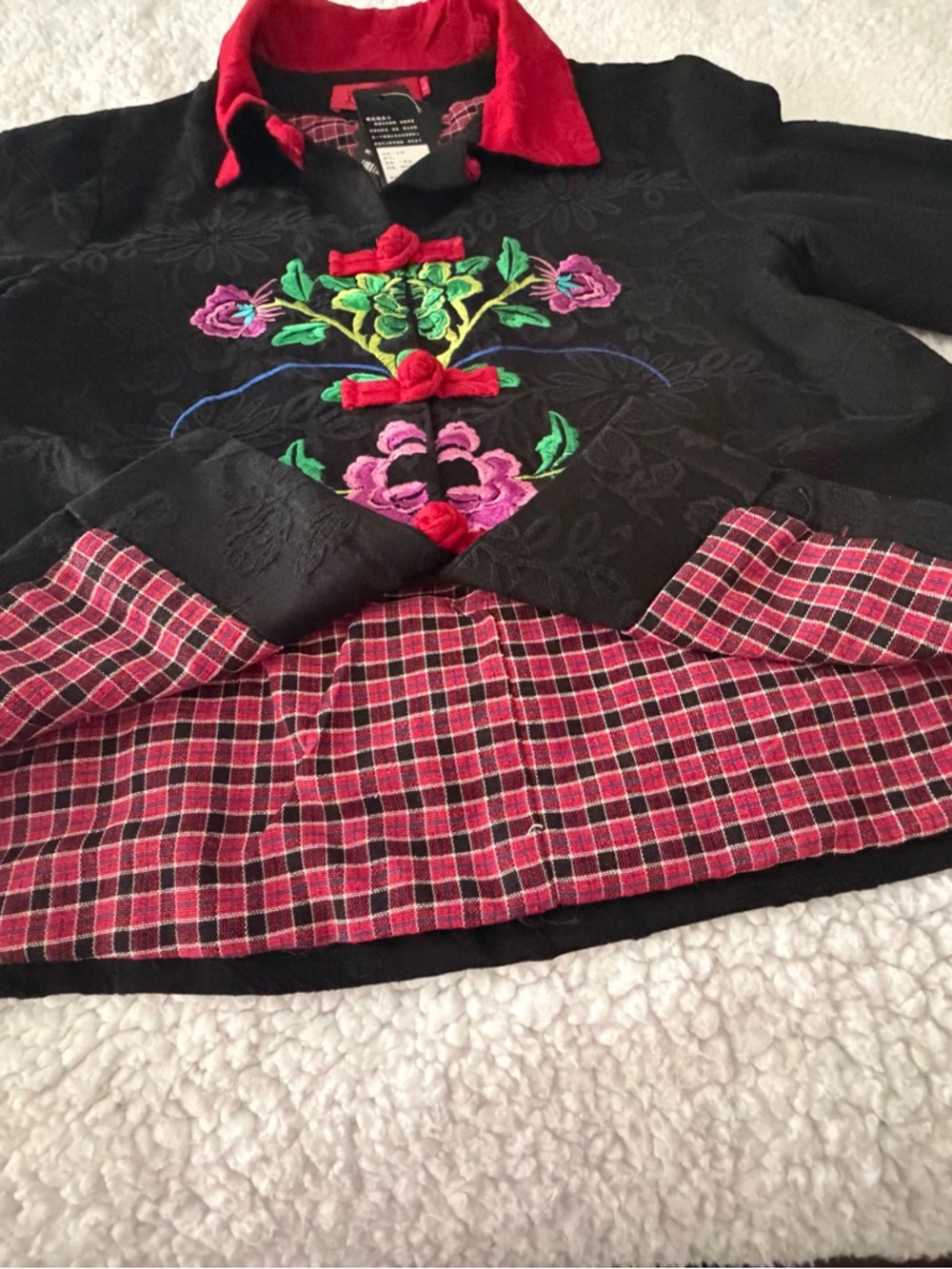 Black Embroidered Jacket with Red Collar and Multicolor Floral Detail - Picture 12 of 12